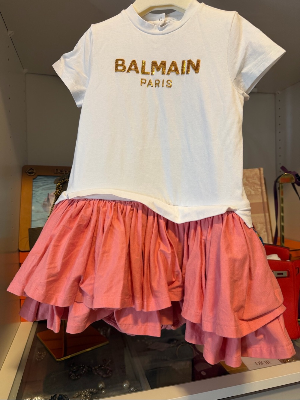 Balmain White Tee with Pink Ruffled Skirt and Gold Logo